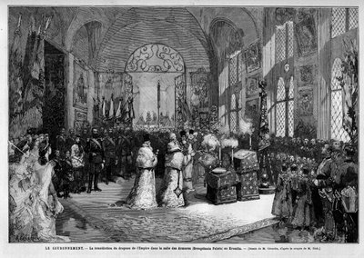 Välsignelse av imperiets flagga i pansarhallen i Kreml i Moskva under kröningen av kejsar Alexander III av Ryssland (1845-1894) och Impress Dagmar av Danmark (1847-1928) den 27 maj av Unknown artist