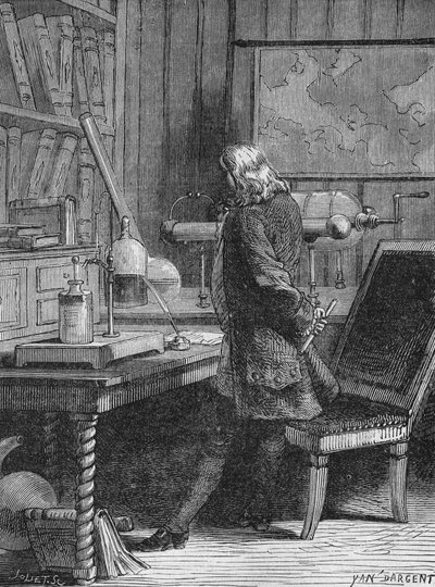 Benjamin Franklin i sitt fysiklabb i Philadelphia. I "Album of Science", Editions Jouvet av Unknown artist