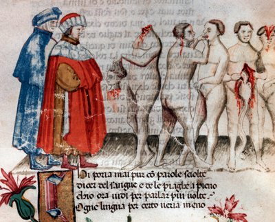 Bertrand de Born håller sitt halshuggna huvud (sång 28 från helvetet, i den gudomliga komedin) - miniatyr 1400-tal, av Unknown artist
