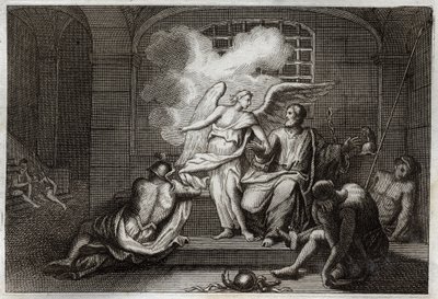 Bible of Royaumont, Nya testamentet: Saint Peter Delivre de prison. Sankt Peter släpps ur fängelset på natten av en ängel. Illustration från 1811. av Unknown artist