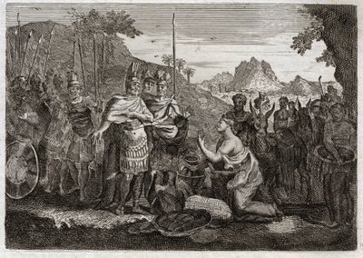 Bible of Royaumont, Gamla testamentet: Abigail. Abigail, Nabals hustru, lugnar Davids vrede med sin vishet. Illustration från 1811. av Unknown artist