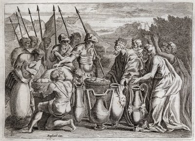 Bibeln från Royaumont, Gamla testamentet: Abraham befriar Lot. Abraham räddar sin brorson Loth ur fiendens händer. Översteprästen Melkisedek (Melkisedek eller Melkisedek eller Melkisedek eller Melkisedek eller Melkisedek) benit. Kungen av Sodom erbjöd hono av Unknown artist