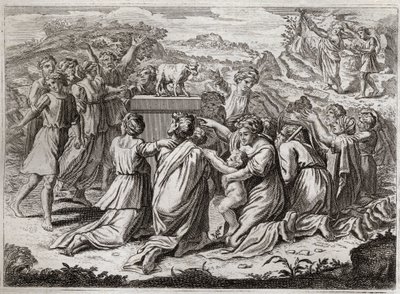 Bibeln från Royaumont, Gamla testamentet: Tillbedjan av den gyllene kalven. När Moses ser hebréerna och guldkalven bryter han mot lagens tabeller. Illustration från 1811. av Unknown artist