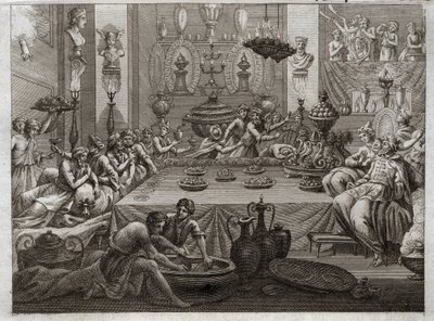 Bibeln från Royaumont, Gamla testamentet: Balthazar fördömer. Kung Balthazar (Belshatsar) vid bordet ser en hand som med tre ord skriver slutet på sin mening. Illustration från 1811. av Unknown artist