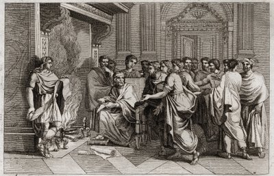 Bibeln från Royaumont, Gamla testamentet: Baruch profet. Kung Joachim (Joakim, Joachin, Jechonias) skär bokrullen som innehåller Jeremias profetier transkriberade av hans lärjunge Baruch (Baruch ben Neria) och kastar den i en eld. Illustration från 1811. av Unknown artist