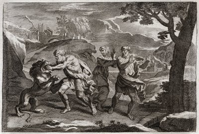 Bibeln från Royaumont, Gamla testamentet: Simsons födelse. Simson river ett lejon i bitar. Illustration från 1811. av Unknown artist