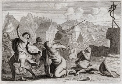 Bible of Royaumont, Gamla testamentet: Brasen Snake. Folket som muttrar mot Gud och mot Mose, straffas med eldormar; från vilken de sårades av en orm av koppar, som Mose hade uppväckt för att bli sedd från hela folket. Illustration av Unknown artist