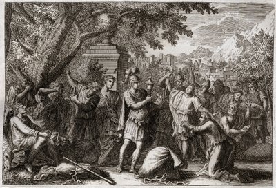Bibeln från Royaumont, Gamla testamentet: Josephs bröder. Josef får sina bröder fängslade. Illustration från 1811. av Unknown artist