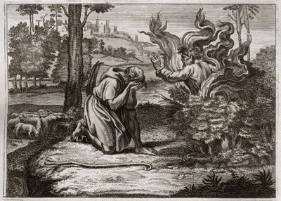 Bible of Royaumont, Gamla testamentet: Burning Bush. Gud talar till Mose mitt i en brinnande buske. Illustration från 1811. av Unknown artist