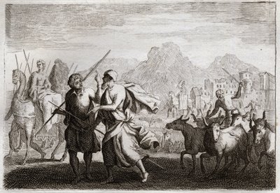 Bibeln från Royaumont, Gamla testamentet: Abrahams kallelse. Gud kallar Abraham och befaller honom att lämna kaldéernas land för att komma till ett land som han lovade att ge honom. Illustration från 1811. av Unknown artist