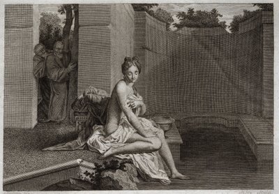 Bibeln från Royaumont, Gamla testamentet: Kusk från Suzanne. Två äldste, Judges of the People, fläckar för att korrumpera Chastete Suzanne, medan hon var ensam i sin trädgård och tog ett bad. Illustration från 1811. av Unknown artist