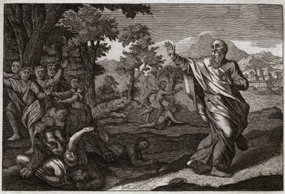 Bibeln från Royaumont, Gamla testamentet: Barn äter björnar. Barn som gör narr av Elishas skallighet slits av björnar. Illustration från 1811. av Unknown artist