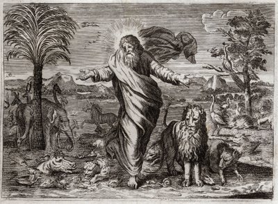 Bibeln från Royaumont, Gamla testamentet: Världens skapelse. Gud drar himlen och jorden från ingenstans och pryder den på sex dagar och människorna av alla slags varelser. Illustration från 1811. av Unknown artist