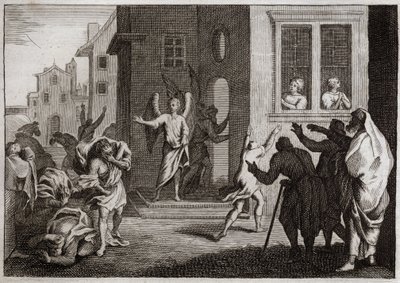 Bibeln från Royaumont, Gamla testamentet: Sodomiternas brott. Loth tar emot änglar i sitt hus. Sodomiterna (Sodom) vill utsätta dem för våld. Änglarna slår dem blint. Illustration från 1811. av Unknown artist