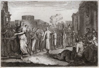 Bibeln från Royaumont, Gamla testamentet: David dansar framför förbundsarken. Efter att ha bestämt sig för en andra gång att ta med sig arken till sitt hem, låter David bära den och åtföljas av leviter för att undvika en olycka som liknar Ozas. Han dansar  av Unknown artist
