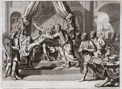 Bible of Royaumont, Gamla testamentet: David spelar harpa. Saul blir avvisad från Gud och grips av den onde anden. Vi letar efter en man som vet hur man spelar harpa, för att befria honom i hans ondska. Illustration från 1811. av Unknown artist
