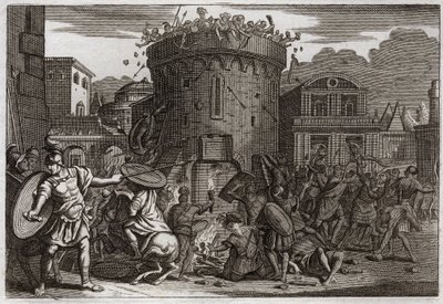 Bibeln från Royaumont, Gamla testamentet: Abimeleks död. Abimelek (Abimelec eller Ahimelek eller Ahimelek) dödas av en kvinna som slår ner honom med en sten vid belägringen av Tebetz. Illustration från 1811. av Unknown artist
