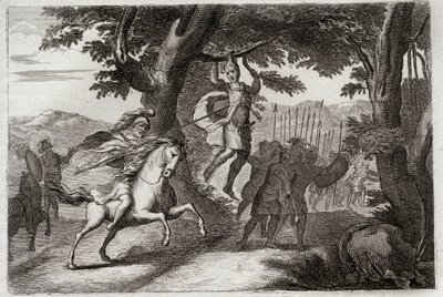 Bibeln från Royaumont, Gamla testamentet: Absaloms död. Absalom (eller Avshalom, Absalom) flyr från striden fångas av håret har en ek, eller Joab genomborrar honom hjärtat av tre darters. Illustration från 1811. av Unknown artist