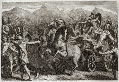 Bibeln från Royaumont, Gamla testamentet: Ahabs död. Ahab (Akhab) förde krig mot Syrien och dödades med en slumpmässig pil. Illustration från 1811. av Unknown artist