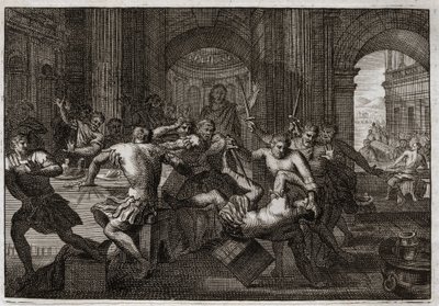 Bibeln från Royaumont, Gamla testamentet: Amnons död. När Absalom (eller Avshalom, Absalon) försonas med David får hans bror Amnon (Ammon) att fly till en fest. David tvingas fly från Jerusalem och utsätts för denna förföljelse med ett fantastiskt tålamod. av Unknown artist