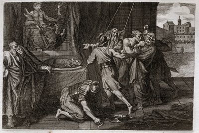 Bibeln från Royaumont, Gamla testamentet: Eleasars död. Det gamla helgonet Eleazar dödades på order av Antiochos IV Epifane (175-164 f.Kr.), eftersom han inte ville låtsas äta försvarat kött. Illustration från 1811. av Unknown artist