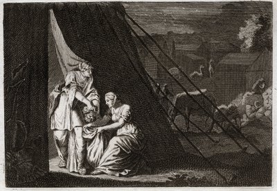 Bibeln från Royaumont, Gamla testamentet: Holofernes död. Judith skär Holofernes huvud, med hjälp av hembiträdet Abra, och drack Bethulie. Illustration från 1811. av Unknown artist