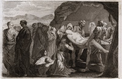 Bible of Royaumont, Gamla testamentet: Saras död. Sara (Sarah) dör. Abraham för att begrava honom köpte en grav från staden Get. Illustration från 1811. av Unknown artist