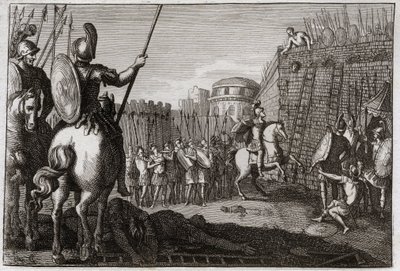 Bible of Royaumont, Gamla testamentet: Sebas död. Och Seba (Sheba) reste sig mot David och tog bort de tio stammarna efter honom, och Joab förföljde i Abela, eller hans huvud blev avhugget efter en kvinnas råd. Illustration från 1811. av Unknown artist
