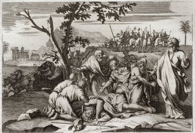 Bibeln från Royaumont, Gamla testamentet: Den onde Antiochos död. Den skrämmande döden av kung Antiochus IV Epifane (175-164 f.Kr.) efter ett hästfall. Illustration från 1811. av Unknown artist