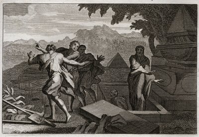 Bible of Royaumont, Gamla testamentet: Döden stiger. En död man släpptes av en slump vid Elisees grav, och han återuppstod genom att röra vid hans ben. Illustration från 1811. av Unknown artist