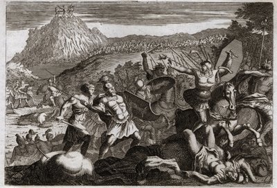 Bibeln från Royaumont, Gamla testamentet: Amaleks nederlag (Amalek). Mose vann seger över amalekiterna och höll sina händer högt i himlen. Illustration från 1811. av Unknown artist