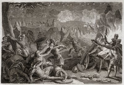 Bibeln från Royaumont, Gamla testamentet: Midjaniternas nederlag genom ljudet av trumpeterna och av lampornas ljus. Illustration från 1811. av Unknown artist