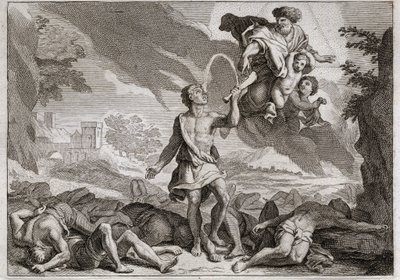 Bibeln från Royaumont, Gamla testamentet: Filistéernas nederlag. Simson dödar tusen filistéer med en åsnas käke. Gud får vatten att rinna ur käken så att Simson kan släcka sin törst. Illustration från 1811. av Unknown artist