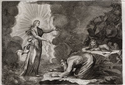 Bibeln från Royaumont, Gamla testamentet: Daniels befrielse. Daniel, i lejonhålan, är mirakulöst berusad. Illustration från 1811. av Unknown artist