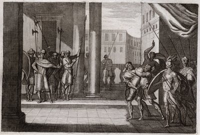 Bibeln från Royaumont, Gamla testamentet: Dina gick av nyfikenhet för att se kvinnorna i Sikem (eller Sikem), och kungen i den staden hade gjort honom till våld, hans bröder tog hämnd och dödade hela Sikems folk med kungen. Illustration från 1811. av Unknown artist