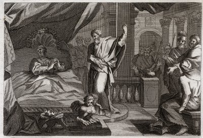 Bibeln från Royaumont, Gamla testamentet: Hesekias får hälsa. Kung Hesekias var sjuk vid döden, fick hälsa och ytterligare femton levnadsår. Profeten Jesaja (Jesaja) tillkännager sitt krig: tecknet kommer att vara att trycka tillbaka klockans skugga med ti av Unknown artist