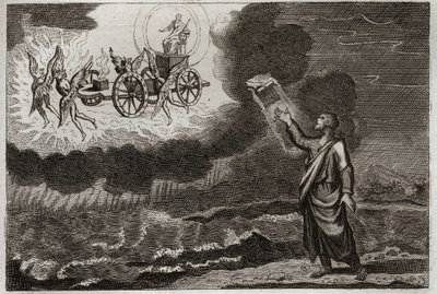 Bibeln från Royaumont, Gamla testamentet: Ezekiel profet. Saint Prophete hade en vision där Herren visade sig för honom på en vagn, buren av fyra kerubiner (tetramorf). Illustration från 1811. av Unknown artist