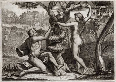 Bibeln från Royaumont, Gamla testamentet: Adams fall. Demonen under ansiktet på en orm talar till Eva, och tältet för att äta förbjuden frukt: Eva faller och får också Adam att falla. Illustration från 1811. av Unknown artist