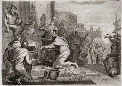 Bibeln från Royaumont, Gamla testamentet: Salomos fall. Salomo är korrumperad av kvinnor och ger rökelse åt de falska gudarnas avgudar. Hans död. Illustration från 1811. av Unknown artist