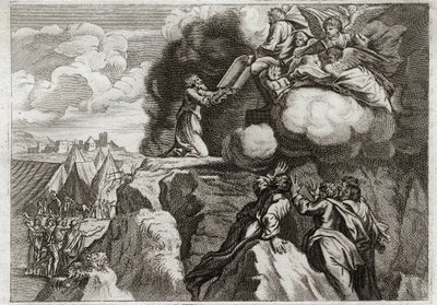 Bibeln från Royaumont, Gamla testamentet: Lagens första tabeller. Gud ger lagen till sitt folk på berget Sinai. Moses tar emot de 10 budorden från Guds händer. Illustration från 1811. av Unknown artist