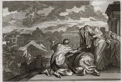 Bible of Royaumont, Gamla testamentet: Fleau of the Plague. Och David, efter att ha skymt hela sitt folk genom en fåfänga rörelse, plågade Gud hans rike med en pest som tar sjuttio tusen man på tre dagar. Illustration från 1811. av Unknown artist