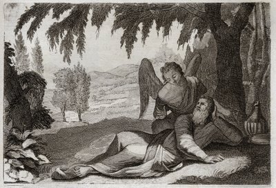Bibeln från Royaumont, Gamla testamentet: Elias flykt. Elia flyr Jezabels vrede, som ville hämnas på honom för hans falska profeters död, stöds i öknen av en ängel som ger honom mat. Illustration från 1811. av Unknown artist