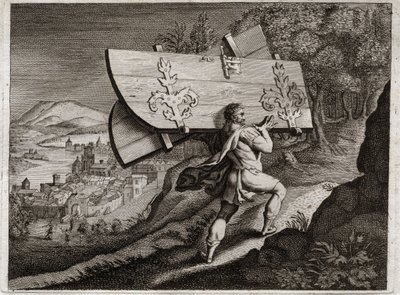 Bible of Royaumont, Gamla testamentet: Gates of Gaza. Simson, lås in i Gaza, riv ut stadens portar. Illustration från 1811. av Unknown artist