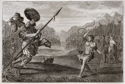 Bibeln från Royaumont, Gamla testamentet: Jätte Goliat. Goliat, filisté, av enorm storhet, besegras av David, endast vapen med en sele och en käpp. Illustration från 1811. av Unknown artist