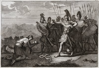Bibeln från Royaumont, Gamla testamentet: Sauls huvud. Filistéerna njuter av Sauls död och erbjuder hans huvud till sin avgud. David ångrar döden och går till Judee, eller så blir han erkänd som kung i Hebron. Illustration från 1811. av Unknown artist