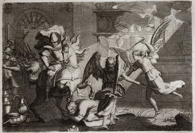 Bibeln från Royaumont, Gamla testamentet: Heliodor jagar templet. Heliodore (Heliodoros) skickad av sin härskare för att plundra Jerusalems tempel, misshandlades med meter av änglar. Illustration från 1811. av Unknown artist
