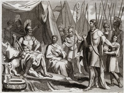 Bible of Royaumont, Gamla testamentet: Holoferne. General från Nebukadnessar II:s arm, Holoferne närmar sig Judeen. Ahior, ammoniternas kung, som kom för att ge tillbaka till honom, lyfter upp inför Holoferne judarnas guds makt. Illustration från 181 av Unknown artist