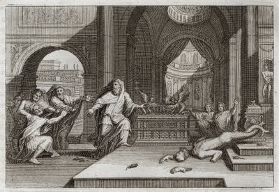 Bibeln från Royaumont, Gamla testamentet: Dagons idol. Och när filistéerna satte förbundsarken i templet bredvid Dagon, sin Gud, förde hon ner deras avgud och slog dem alla med en plåga som var mycket skörde, vilket tvingade dem att skicka bort henne. Illu av Unknown artist
