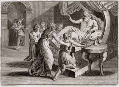 Bibeln från Royaumont, Gamla testamentet: Isak välsignade Jakob. Isak, som önskar välsigna Esau, ger Jakob sin välsignelse genom Rebeckas vishet, som hon tillhörde enligt Guds plan. Illustration från 1811. av Unknown artist