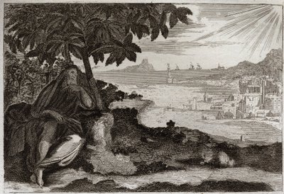 Bible of Royaumont, Gamla testamentet: Murgröna desseche. Gud visar genom ett känsligt exempel, för sin profet Jonas, hur mycket han älskar människor och hur mycket smärta han lider när han tvingas straffa dem. Illustration från 1811. av Unknown artist